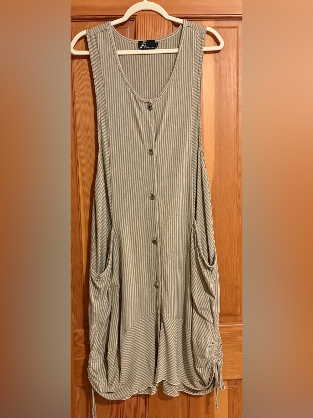 Fenini Sleeveless Tan & Gray Striped Midi Dress w Gathered Hemline & Pockets (M) - Picture 9 of 9